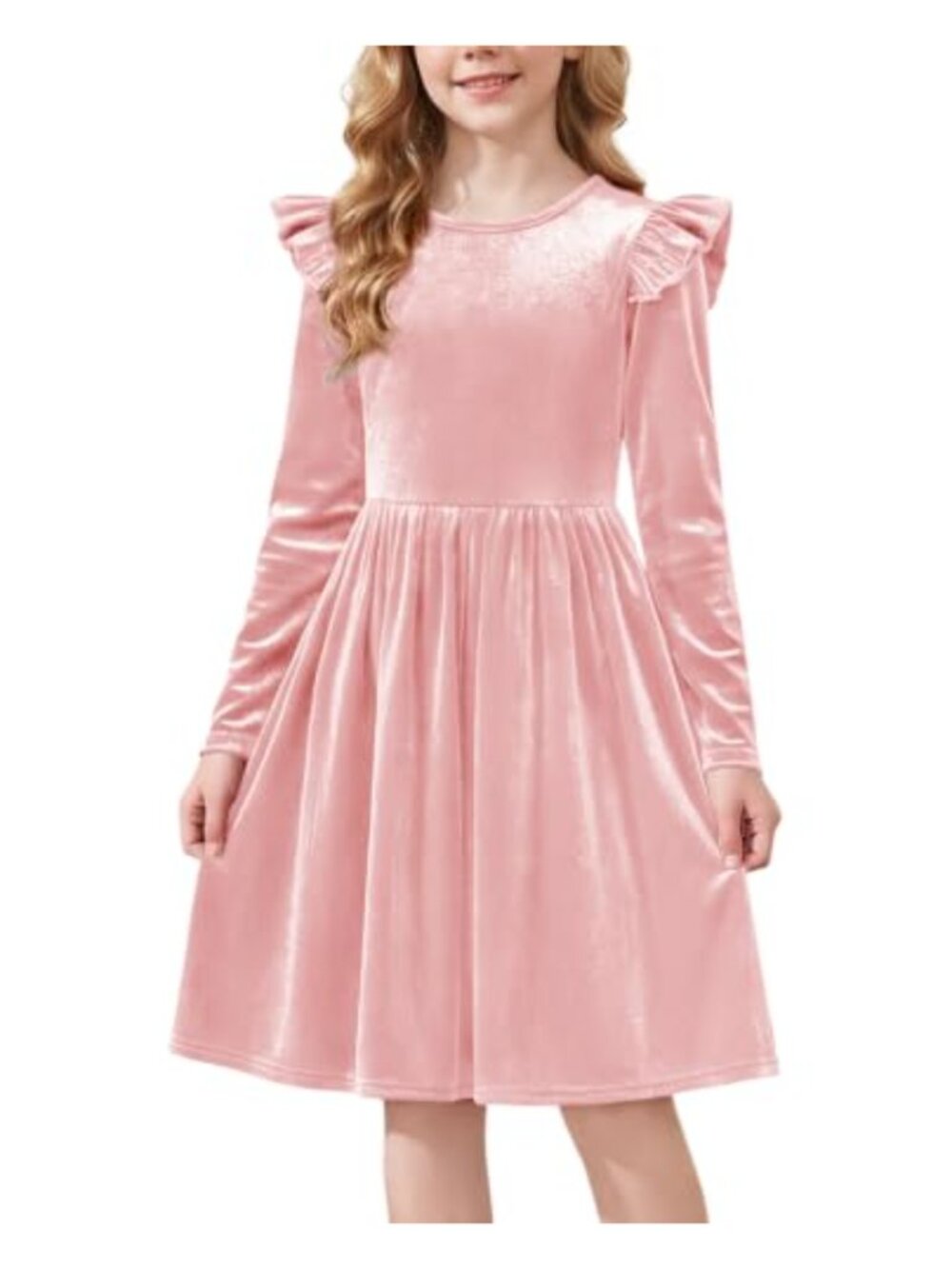 Girls Velvet Dress Long Sleeve Flutter Sleeve Crew Neck Fall Winter Party